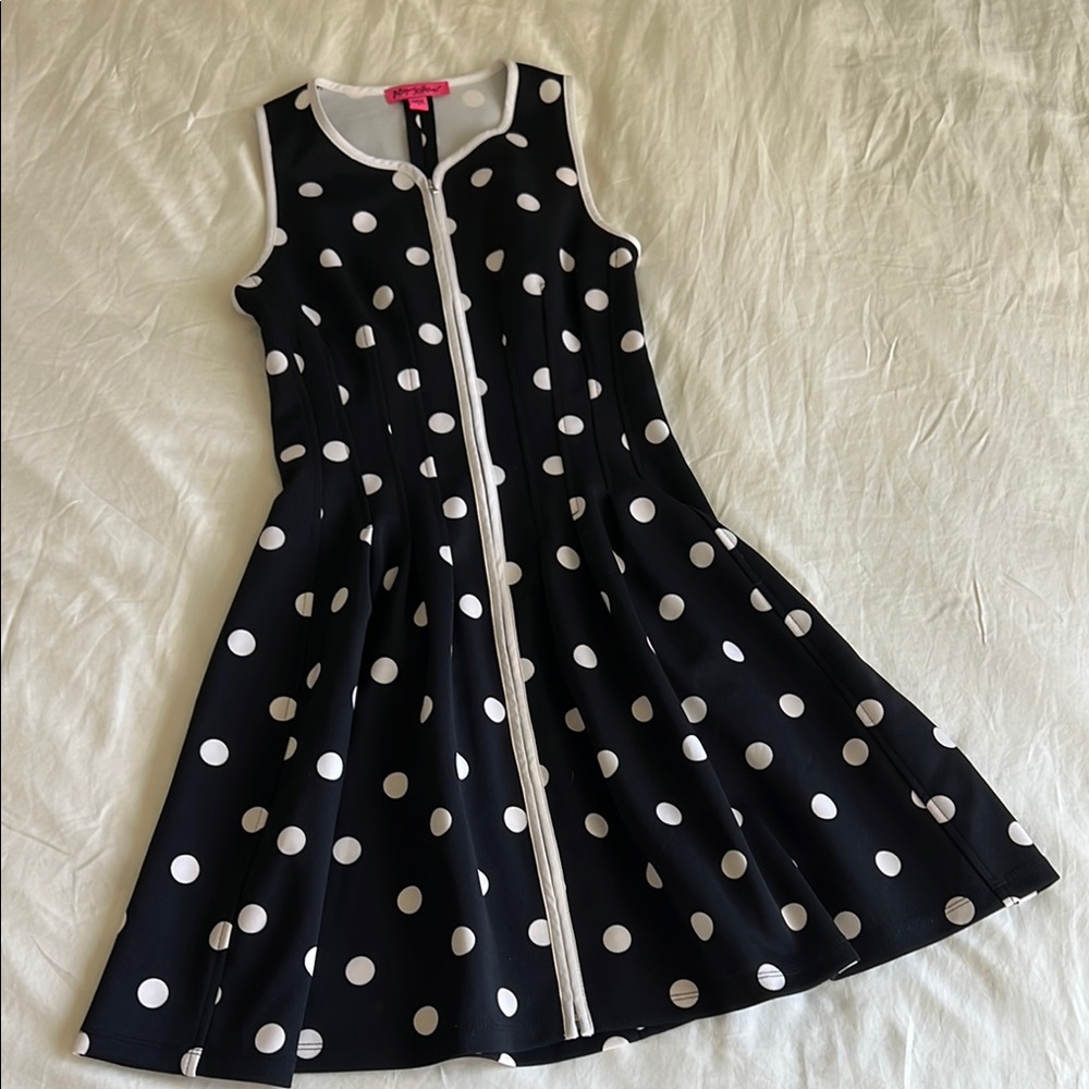 Betsey Johnson Drop Waist Pleated Polka Dot Sleeveless Dress with Front Zipper